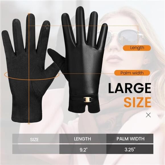 Women's Leather Gloves Winter Black PU Leather - Picture 4 of 6